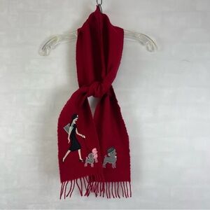Vintage Anne Klein Red Wool Blend Scarf Woman Walking Poodles Embroidered Fringe